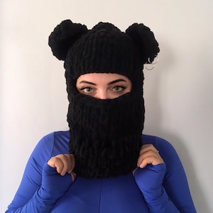 Black Bear Balaclava Mask, Knitted Balaclava Unisex, Animal Balaclava, Balaclava With Ears, Crochet Snow Mask, Ski Mask