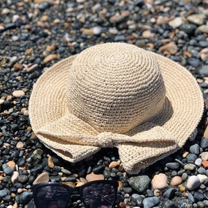 Handmade Crochet Raffia Hat, Straw Floppy Hat, Bow Hat Pattern, Woven Beach Hat, Summer Hat, Summer Raffia Hat, Raffia Woven Hat