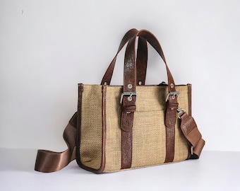 Jute Straw Bag with Vegan Leather Accessories, Beach Tote Handbag, Zipper Shoulder Bag