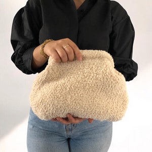 Handmade Dumpling Teddy Bag, Stone Color Teddy Pouch Bag, Knitted Cloud Teddy Clutch