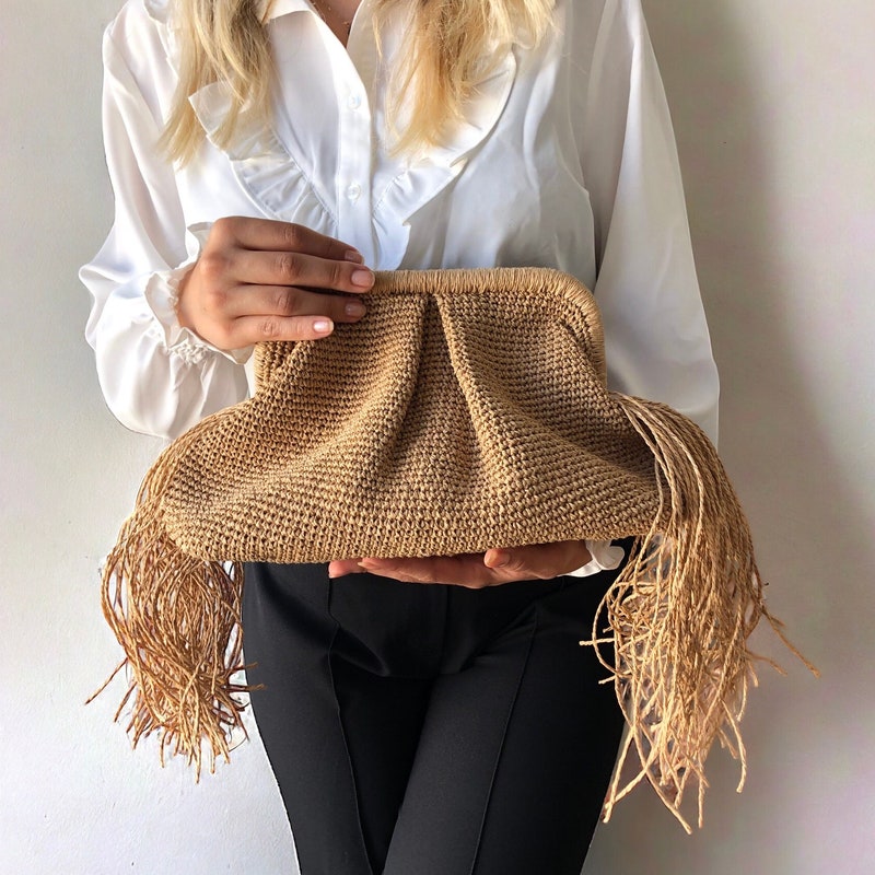 Raffia Fringe Crescent Bag