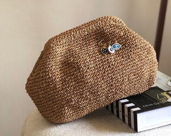 Crochet Evil Eye Brooch Raffia Clutch Bag, Raffia Beige Clutch Bag For Women, Straw Knitted Raffia Bag, Straw Summer Bag