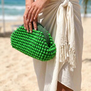 Groene clutch met raffiakralen voor dames, strandtas van stro, handgemaakte raffia-clutch