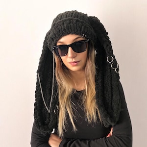 Knitted Bunny Beanie, Beanie With Long Ears, Bunny Ears Winter Hat, Black Festival Hat