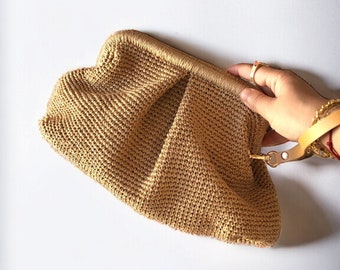 Raffia Clutch Bag With Leather Hand Strap, Straw Knitted Raffia Bag, Beach Wedding Raffia Clutch Handbag