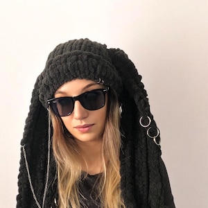Bonnet tricoté avec de longues oreilles, Bonnet d&#39;hiver oreilles de lapin, Chapeau de festival noir