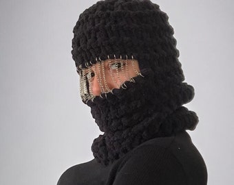 Handmade Black Knit Balaclava with Chain: Cyberpunk Costume Mask