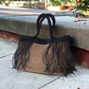 Gehäkelte Bast Einkaufstasche, Stroh Schwarze Fransen Strandtasche, große Schultertasche, Boho gewebte Tasche