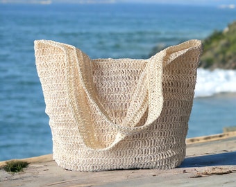 Cream Crochet Raffia Tote Bag, Summer Straw Shopping Bag, Raffia Beach Shoulder Bag