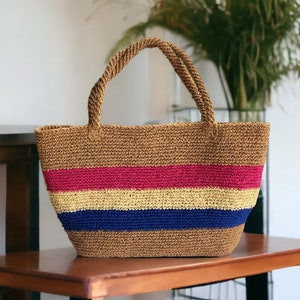 Crochet Raffia Tote Bag, Straw Colorful Beach Bag, Large Shoulder Bag, Boho Woven Bag