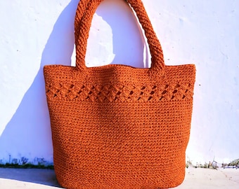 Orange Summer Shoulder Tote Bag For Women, Straw Beach Shoulder Bag, Crochet Summer Raffia Tote Bag