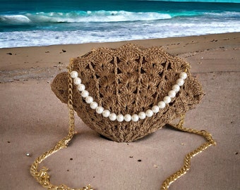 Raffia Oyster Shell Bag, Straw Mussel Crossbody Bag, Handcrafted Crochet Crossbody Bag, Straw Summer Purse