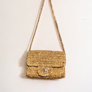 Crochet Gold Raffia Crossbody Clutch Bag, Knitted Metallic Wedding Purse For Women, Luxury Evening Summer Bag, Gold Bridal Clutch Bag zdjęcie 1