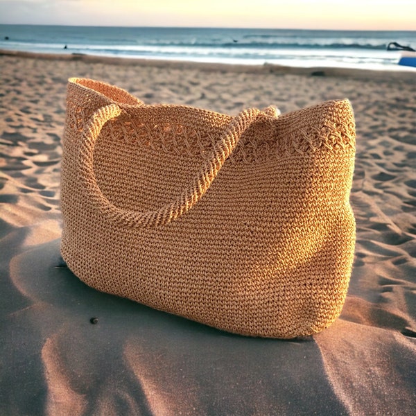 Sac fourre-tout d'été pour femme, sac à bandoulière de plage en paille beige, grand sac fourre-tout en raphia tressé au crochet