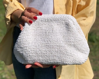 White Summer Handbag, Summer Wedding Raffia Pouch Clutch Bag, Straw Beach Clutch Bag, Handmade Gift