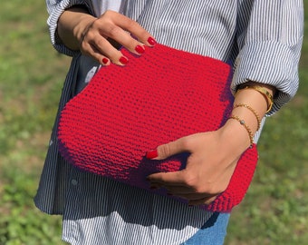 Raffia Crochet Red Clutch Bag, Woven Straw Summer Handbag, Knitted Raffia Pouch Clutch Purse, Wicker Beach Clutch Bag