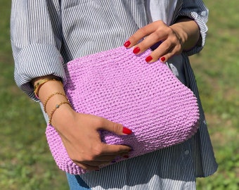 Lilac Raffia Clutch Bag For Beach, Straw Knitted Raffia Bag, Pouch Clutch Bag With Hidden Metal Locked, Handmade Gift