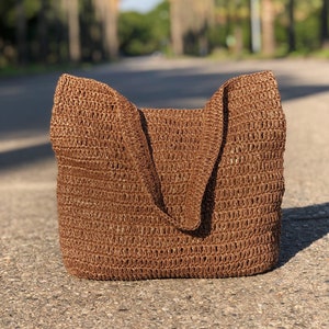 Crochet Raffia Tote Bag, Summer Shoulder Bag For Women, Straw Beach Bag, Raffia Shopping Tote Bag