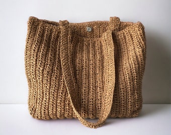 Beige Summer Tote Bag For Women, Raffia Straw Beach Bag, Crochet Market Bag