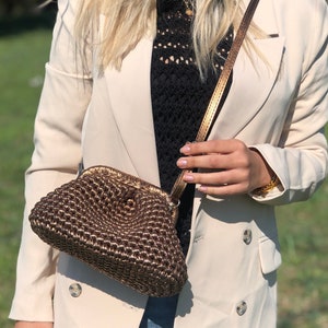 Luxury Metallic Bronze Pouch Clutch Bag, Evening Crossbody Bag, Bronze Wedding Clutch Bag