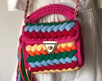 Sac multicolore / Sac de créateur en crochet / Sac à bandoulière coloré en tricot pour femme / Sac capri de luxe