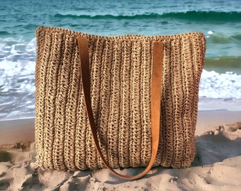 Summer Beige Leather Tote Bag For Women, Raffia Straw Beach Bag, Crochet Boho Woven Bag