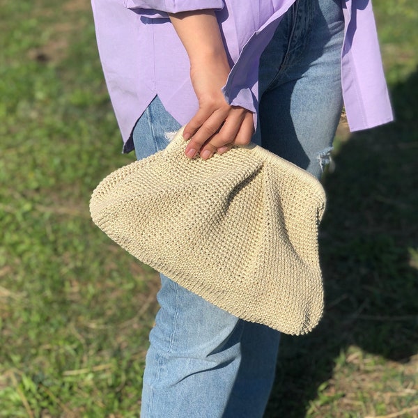Small Beige Pouch Clutch Bag For Women, Natural Raffia Clutch Bag, Crochet Straw Wedding Bag