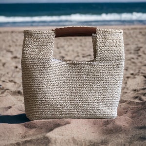 Bolso tote de rafia beige de crochet, bolso shopper de verano para mujer, bolso tote de playa de paja, bolso urbano de crochet