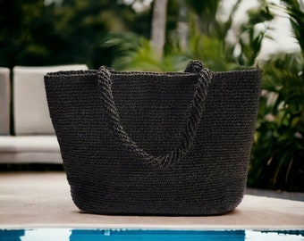 Summer Tote Bag For Women, Black Straw Beach Shoulder Bag, Crochet Woven Raffia Large Tote Bag