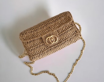 Gehäkelte Bast Crossbody Clutch Bag, gestrickte Stroh Geldbörse für Frauen, Raffia natürliche Sommer Geldbörse, Party Clutch Bag