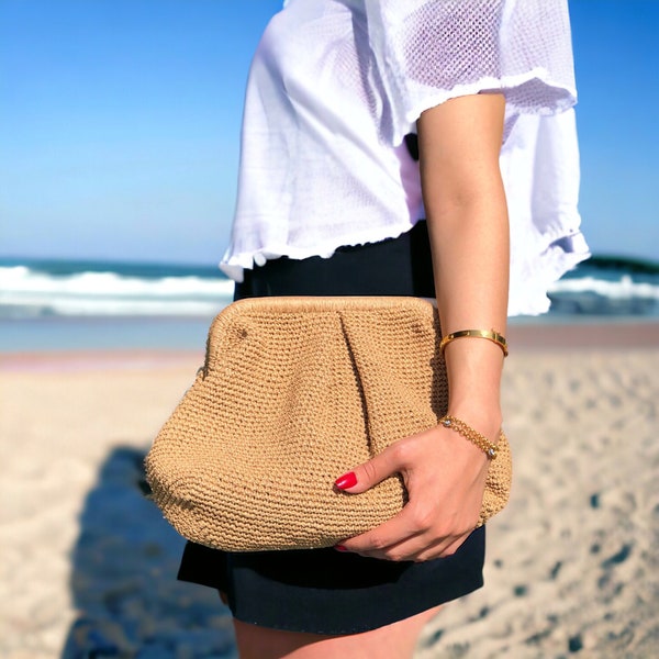 Raffia Camel Clutch Bag voor dames, Natuurlijke zomerstrandhandtas, Pouch Clutch Bag met verborgen metaal vergrendeld