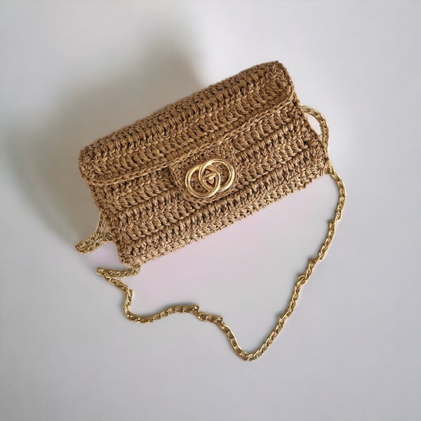 Pochette à bandoulière en raphia au crochet, sac à main en paille tricotée pour femme, sac à main d'été en raphia naturel, pochette de fête