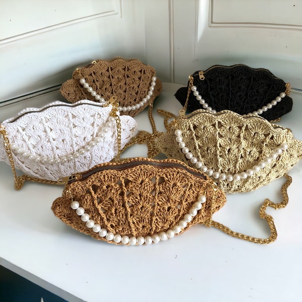 Crochet Raffia Oyster Shell Bag, Pearly Mussel Crossbody Bag, Knitted Straw Purse for Women