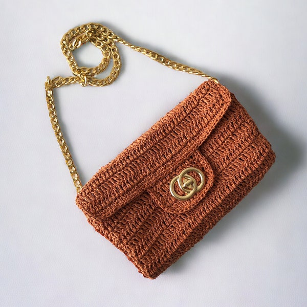 Crochet Raffia Crossbody Clutch Bag, Straw Purse For Women, Raffia Summer Purse, Party Clutch Bag