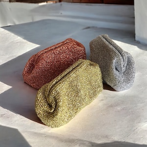 Metallic Silver Raffia Clutch Bag, Evening Crochet Pouch Bag, Summer Raffia Luxury Handbag, Party Clutch Bag