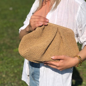 Knitted Raffia Pouch Clutch Bag For Women, Summer Straw Cloud Handbag, Natural Raffia Clutch Bag