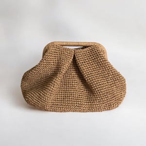 Camel Raffia Pouch Clutch Bag, Summer Raffia Wedding Purse, Top Handle Clutch Hand Bag