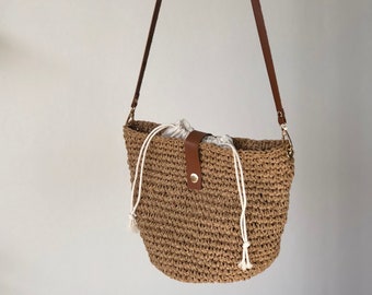 Small Raffia Crossbody Bag For Women, Handmade Knitted Summer Straw Purse, Woven Luxury Shoulder Bag