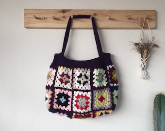 Colorful Crochet Granny Square Shoulder Bag, Market Bag in Retro Style Lined, Bohemian Tote Bag For Women