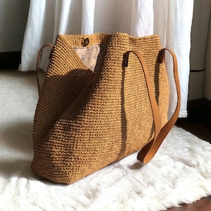 Echtleder Sommer Tragetasche, Stroh Strand Schultertasche, Gehäkelte Bast Tragetasche, faltbare Stroh Reisetasche