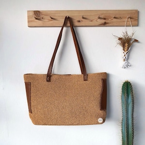 Summer Beige Leather Tote Bag For Women, Straw Beach Shoulder Bag, Crochet Woven Raffia Large Tote Bag