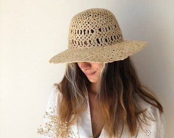 Cappello di paglia naturale beige fatto a mano, cappello da sole per le vacanze, cappello di paglia da spiaggia estivo, cappello Panama per donna