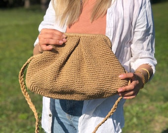 Small Raffia Beige Clutch Bag For Women, Crochet Raffia Clutch Bag, Straw Summer Hand Bag