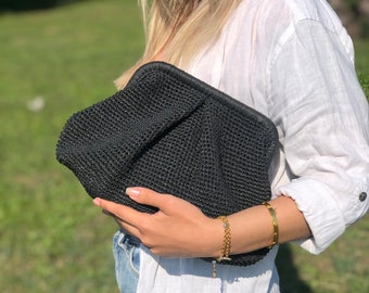 Black Raffia Clutch Bag For Women, Handmade Straw Raffia Clutch Bag, Natural Summer Handbag