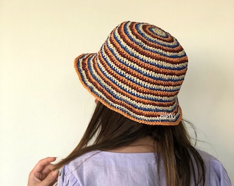 Handmade Crochet Colorful Raffia Hat, Raffia Woven Bucket Hat, Straw Beach Hat, Crochet Raffia Hat, Summer Sun Hat