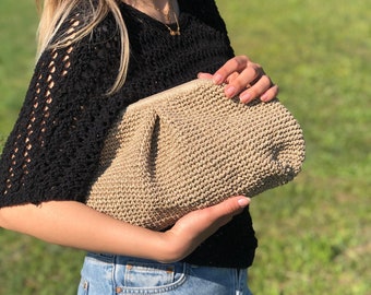 Mink Raffia Clutch Bag, Handmade Pouch Clutch Bag For Women, Party Clutch Bag, Straw Beach Bag, Raffia Bridal Clutch