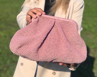 Rose Gold Raffia Clutch Bag For Wedding, Handmade Straw Summer Beach Bag, Straw Knitted Raffia Handbag