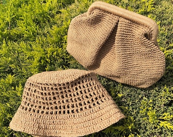 Handmade Summer Bag and Hat Set, Raffia Camel Clutch Bag For Women, Natural Summer Handbag, Honeymoon Set
