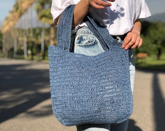 Crochet Raffia Tote Bag, Summer Straw Beach Bag For Women, Raffia Shoulder Tote Bag