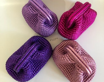 Lilac Evening Crochet Woven Metallic Raffia Pouch Clutch Bag, Beach Bridesmaid Clutch Bag, Handmade Wedding Purse